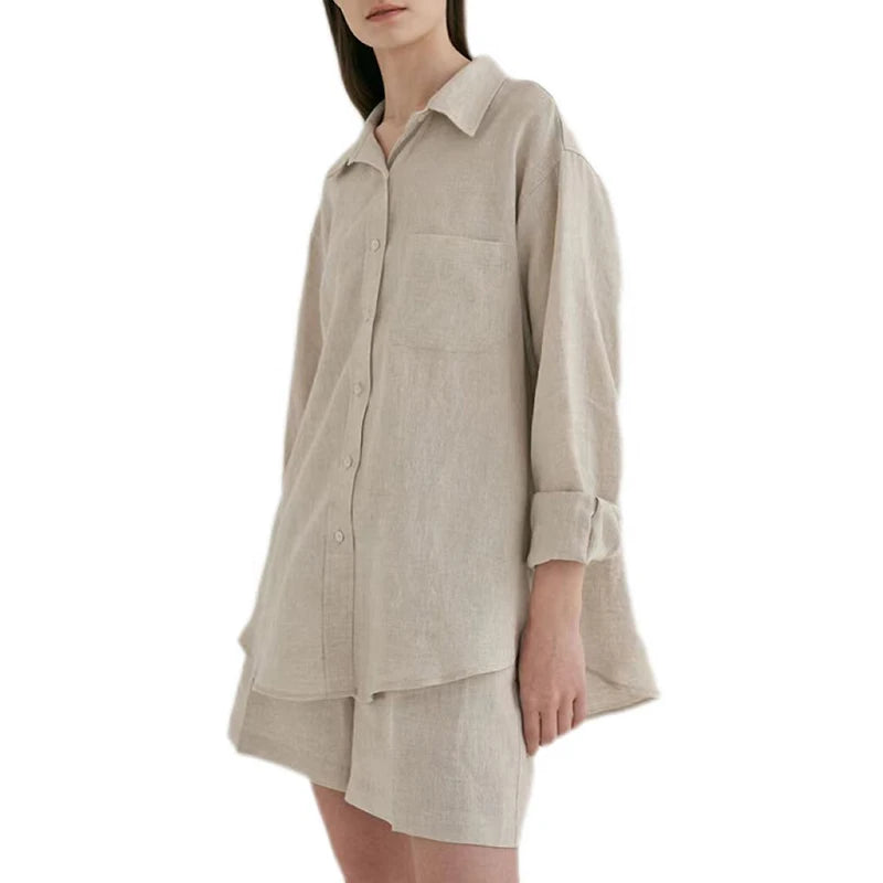New Arrival  Two Piece Sets Solid Color Y2k Long Sleeve  Womens Sets Cotton Linen Shirt and Short Sets Casual Linen Suit