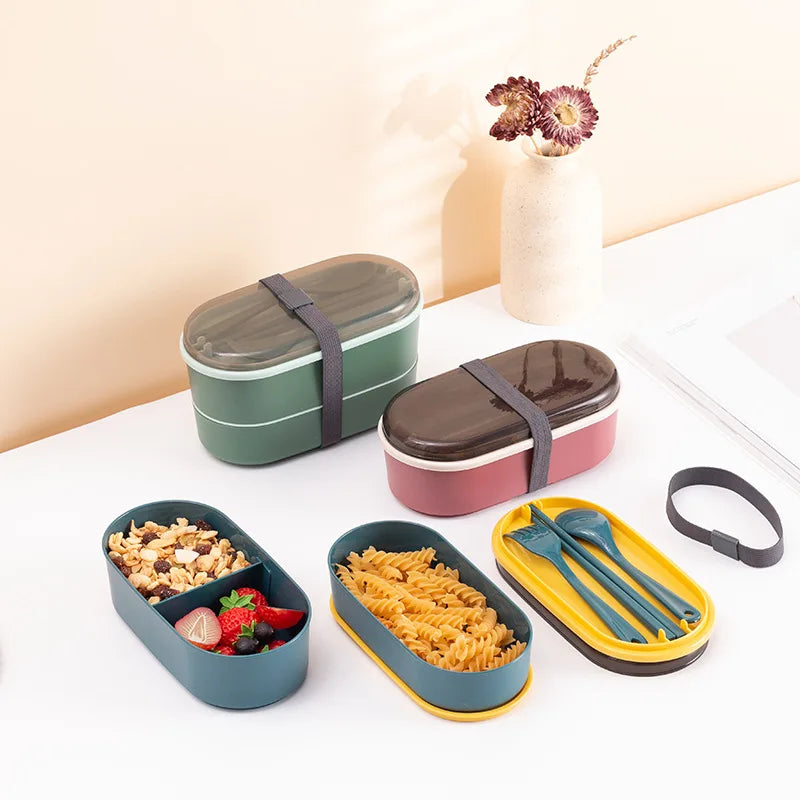 Small Simple Student Kids Plastic Partitioned Food Container Double Layer Tiffin Bento Lunch Box With Chopsticks Fork and Spo