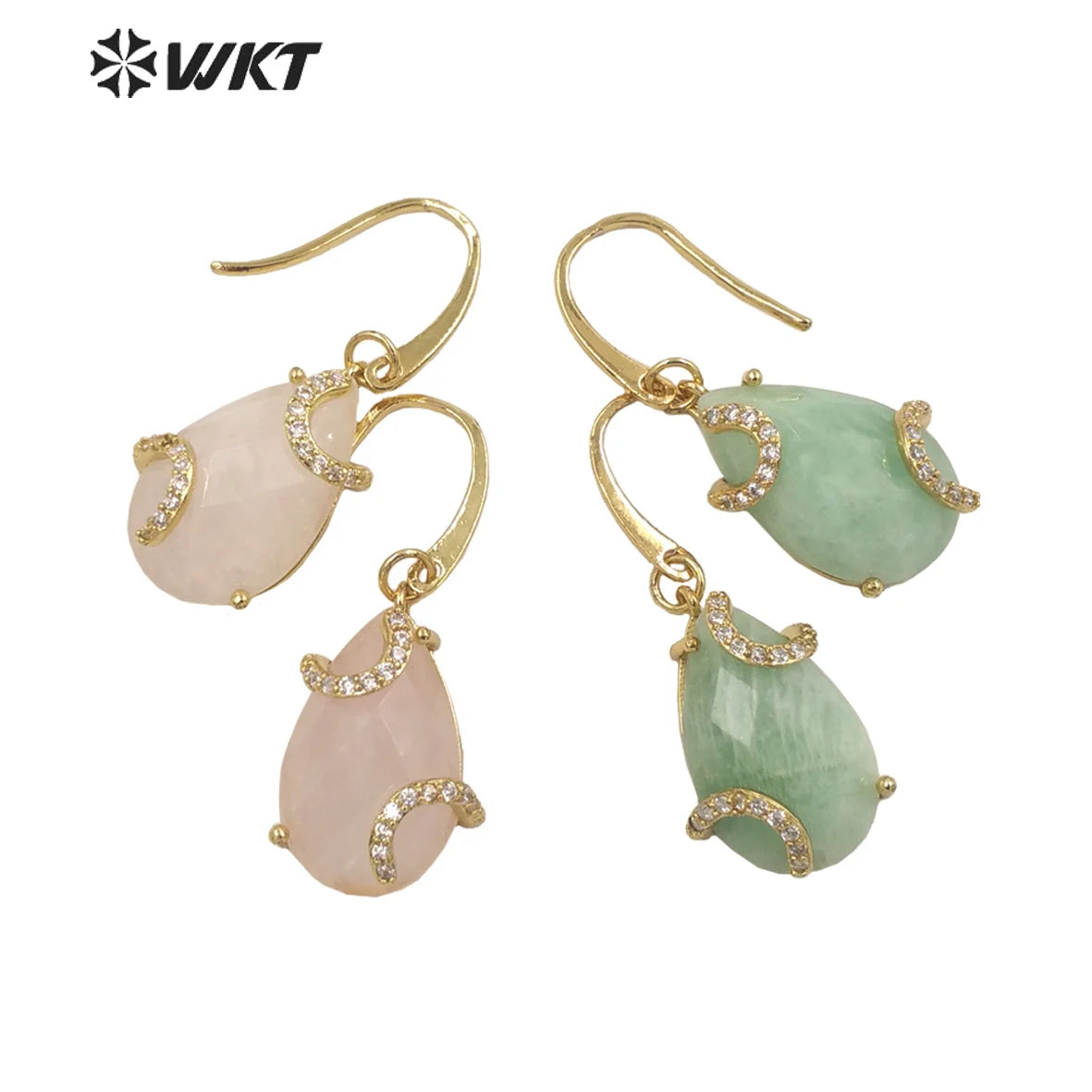 WT-E688 Wholesale Fashion Gold Prong Setting Natural Teardrop Stone Earrings Gorgeous Faceted Gemstone Micropaved Pear Earrin