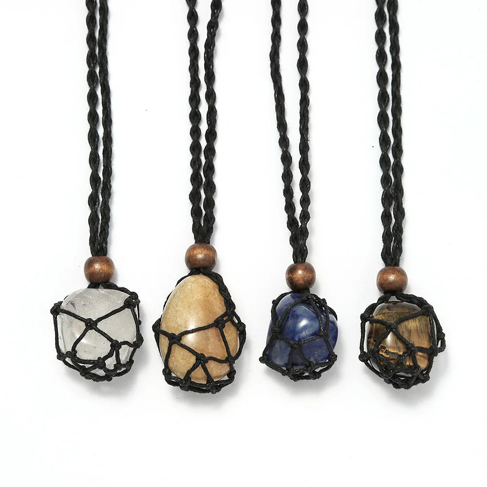 Handmade Natural Polished Tumble Stone Black Net Woven Necklace Exchangeable Wax Rope Net Raw Crystal Stone Holder Necklace