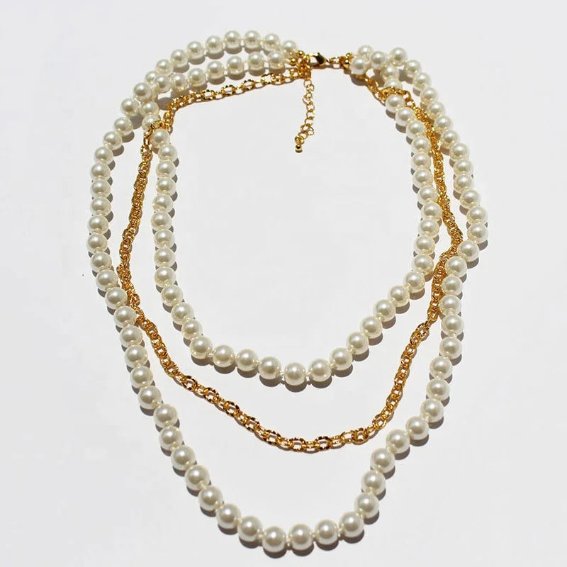 Maiou Designer Luxury Vintage 18K Gold Plated Brass Pearl Beaded 3 Layered Necklace Jewelry for Women Wedding and Engagement