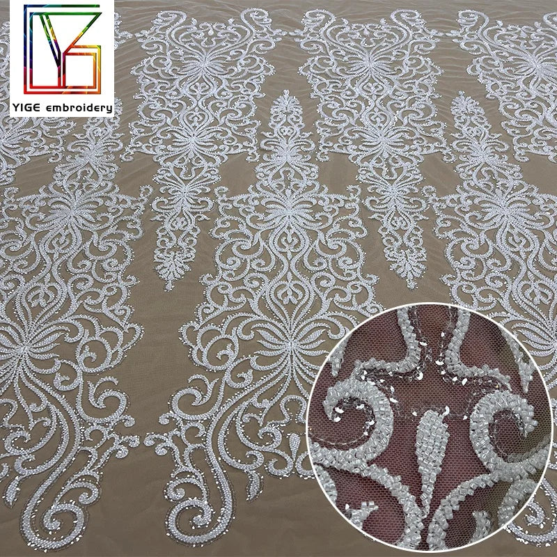 French Beaded Laces Embroidered White Bridal Net Lace Fabric Luxury Bead Sequin Tulle Lace for Women Dress Fabric