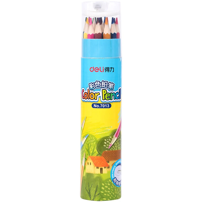 Deli 7013 18pcs/barrel Colored Pencils with Sharpener Children's Painting Cartoon Pencils 192barrel*18pcs=3456pcs Per Carton 