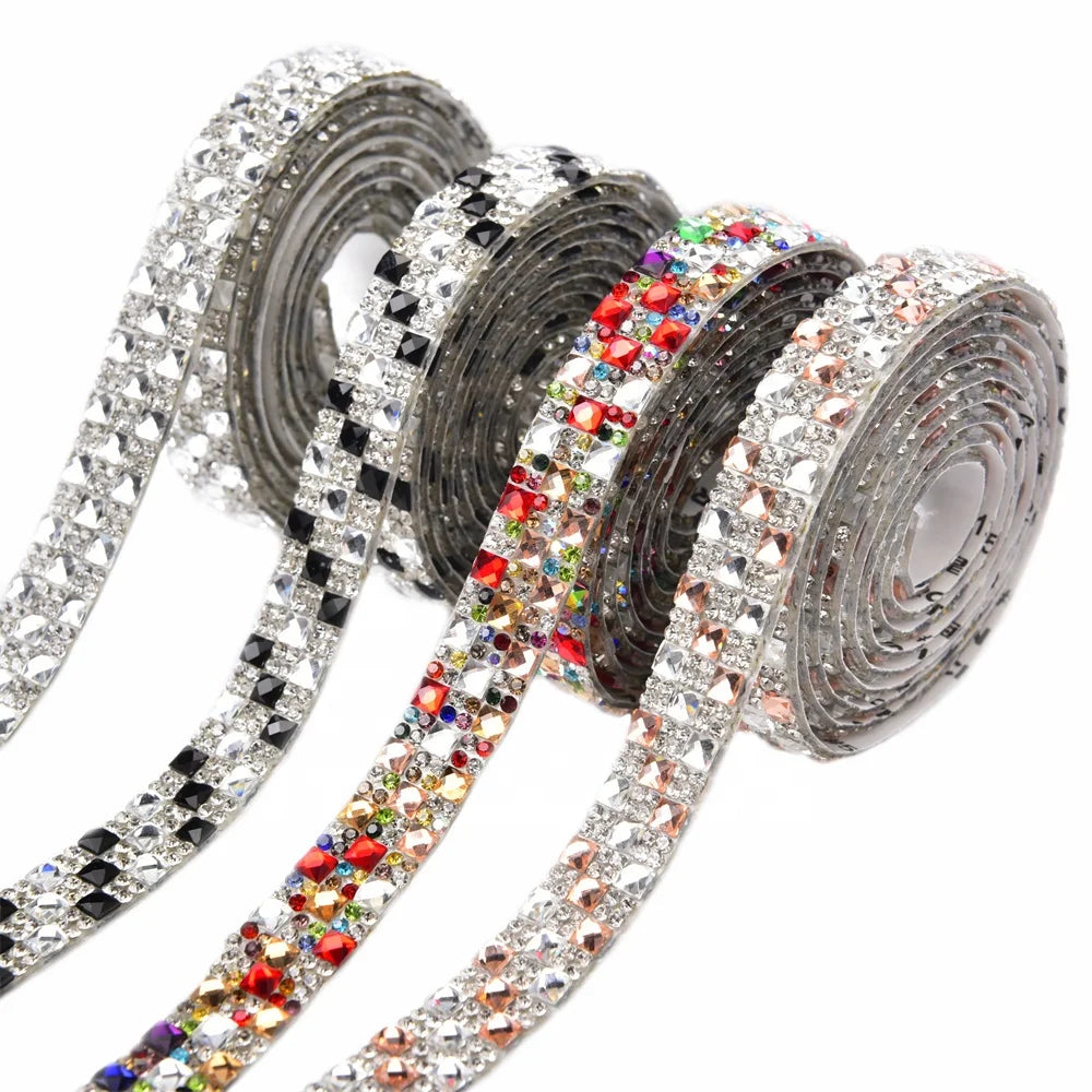 Hot Fix Square Rhinestone Trim Sticker Round Glass Crystal Ribbon Self Adhesive Glitter Applique Banding Diy Car Home Decorat