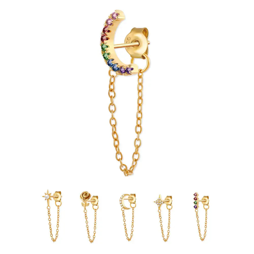 S925 Sterling Silver Chain Link Hoop Earrings Gold Plated Huggie Earrings Tassel Drop Earing Zircon Jewelry for Women