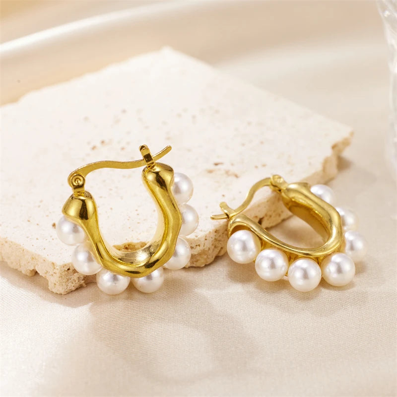 Trendy Pearl 18K Gold Plated Stainless Steel Light Luxury U Shape Earrings Jewelry for Women
