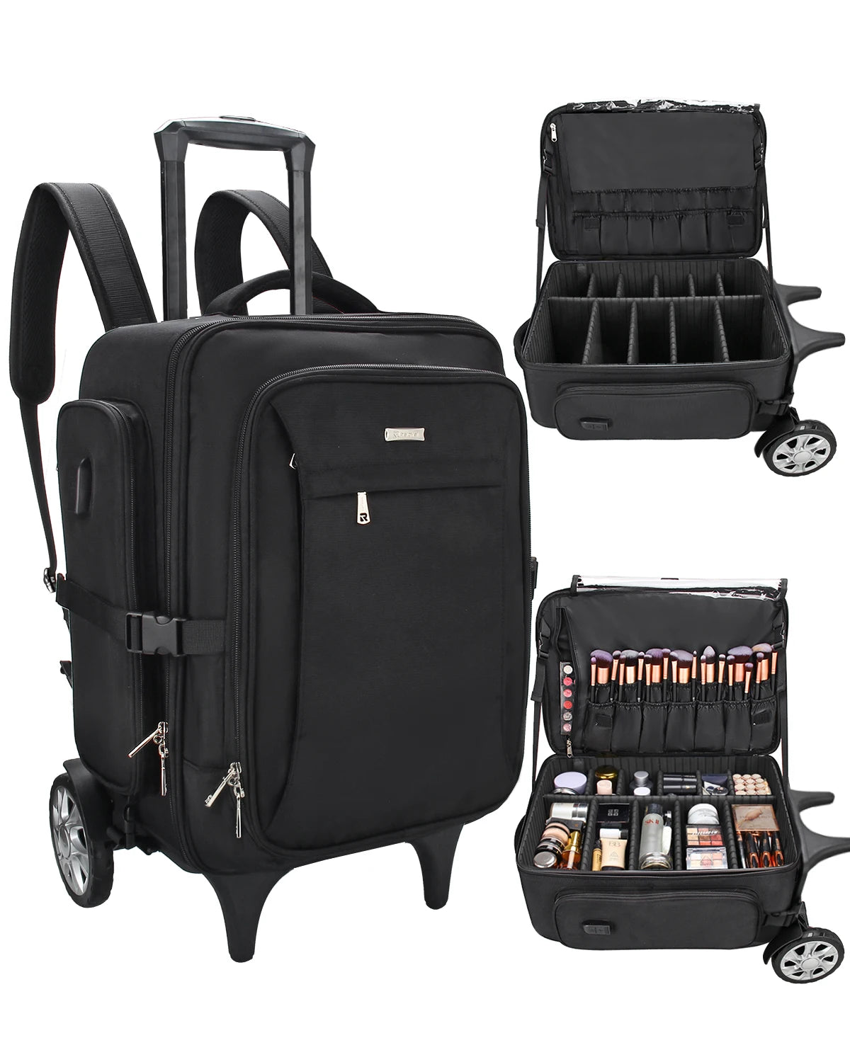 ReIaveI Professional Makeup Artist Train Case Travel Rolling Makeup Box With Two Large Wheels Foldable Handcart