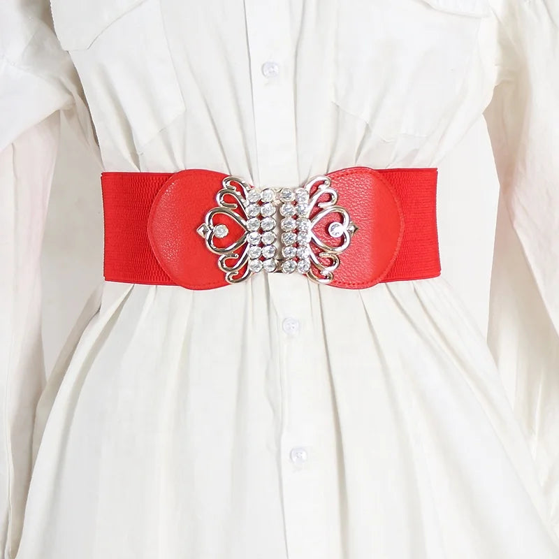 Women's Extra Long Diamonds Elastic Waistband Accessory Large Size Wide Waistband with Alloy Buckle Fashionable