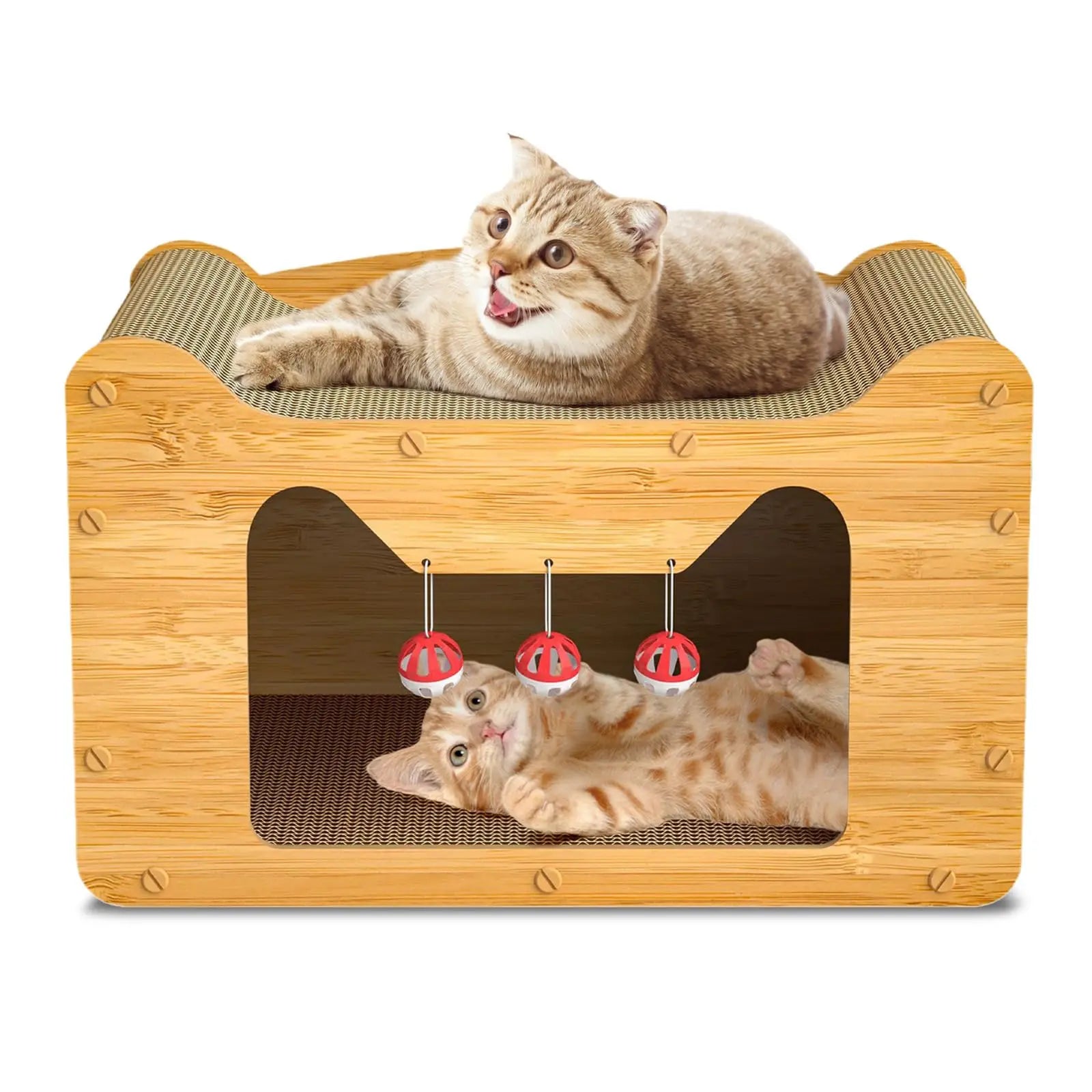 Luxury Wooden Cat Play House Cheap Corrugated Scratcher Box With Bell Indoor Cardboard Cat House