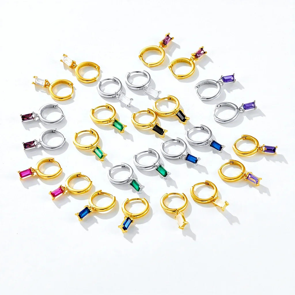 Vewant 925 Sterling Silver Minimalist 8MM Drop Earrings Gold Plated Colorful Zircon Baguette Cut Rhodium Plating Women