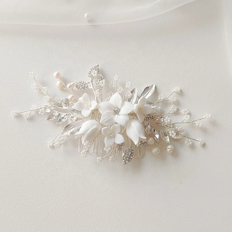 Ceramic Flower Freshwater Pearl Hair Comb Women Bridal Hair Accessories for Wedding Cocktail Parties
