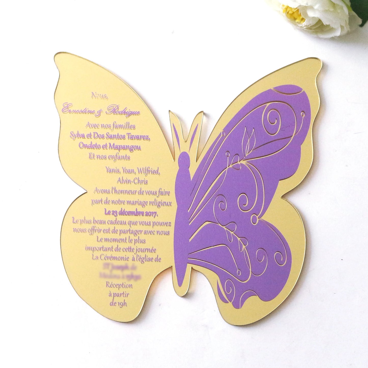 Gold Mirror Acrylic Luxury butterfly Wedding Invitation Cards Purple Color Invites