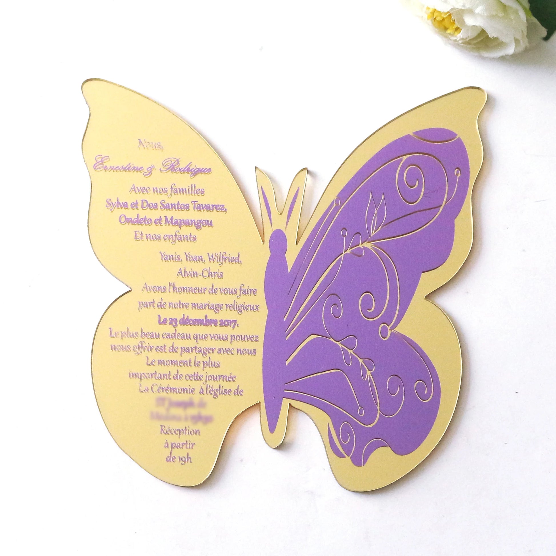 Gold Mirror Acrylic Luxury butterfly Wedding Invitation Cards Purple Color Invites