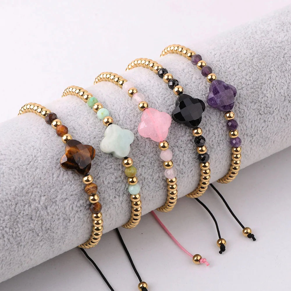 New Design Natural Stone Clover Bracelet Stainless Steel Bead Four Leaf Adjustable Bracelets for Women JBS12637