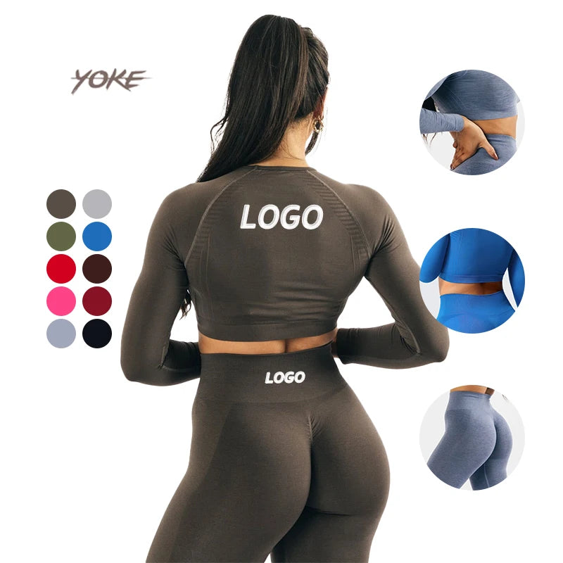 Custom Logo Solid Plus Size Seamless Activewear Sets 2PCS Yoga Flare Leggings Workout Gym Fitness Women