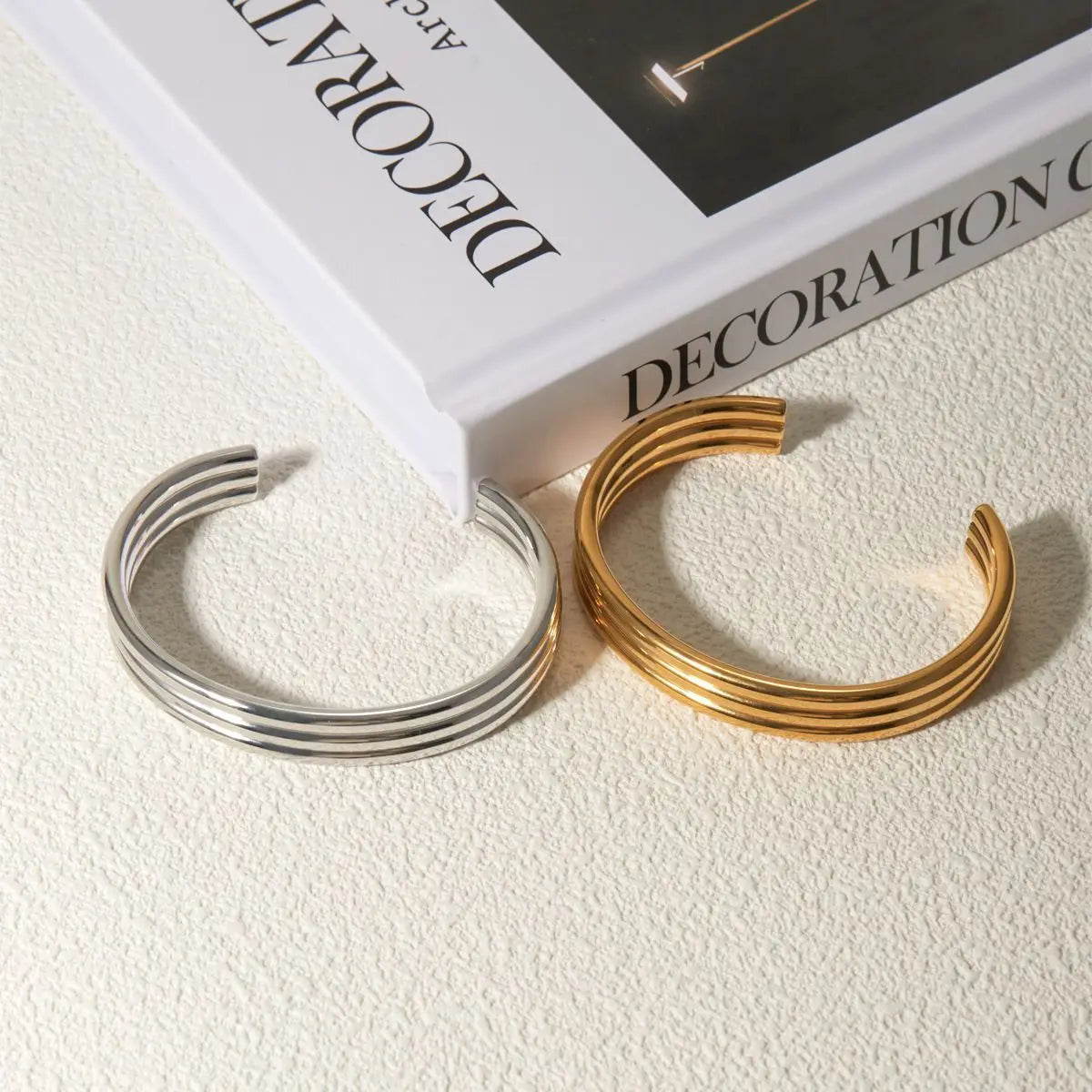 Statement Stainless Steel Three Layered Cuff Open Bangle Waterproof 18k Gold Plated Chunky High Polished Bracelet for Women