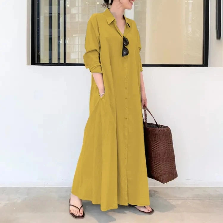Fashion Women's Spring Summer Autumn Casual Loose Fit Plus Size Satin Shirt Collar Long Sleeve Panel Dress