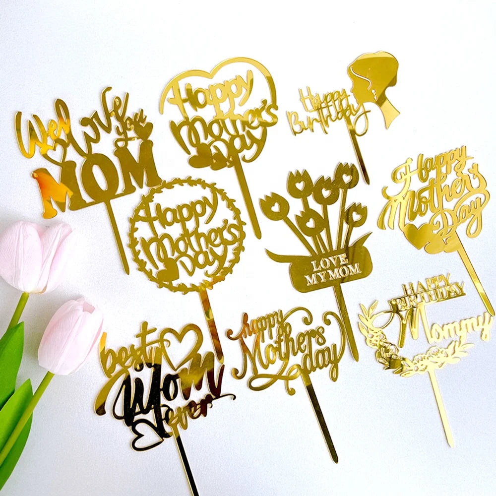 Love Mom Gold Acrylic Letter Shape Cake Toppers 8~12cm for Happy Mother's Day Party Decor
