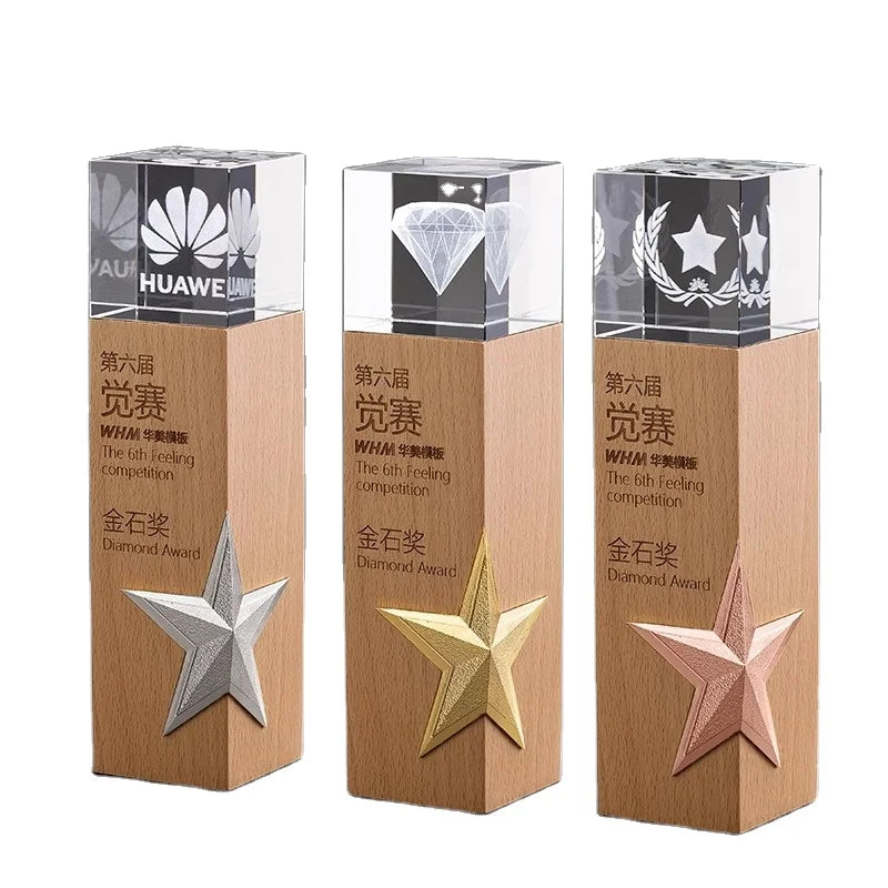 Factory New Design Crystal Award with Custom Laser Engraving Crystal Trophy with Wood Base