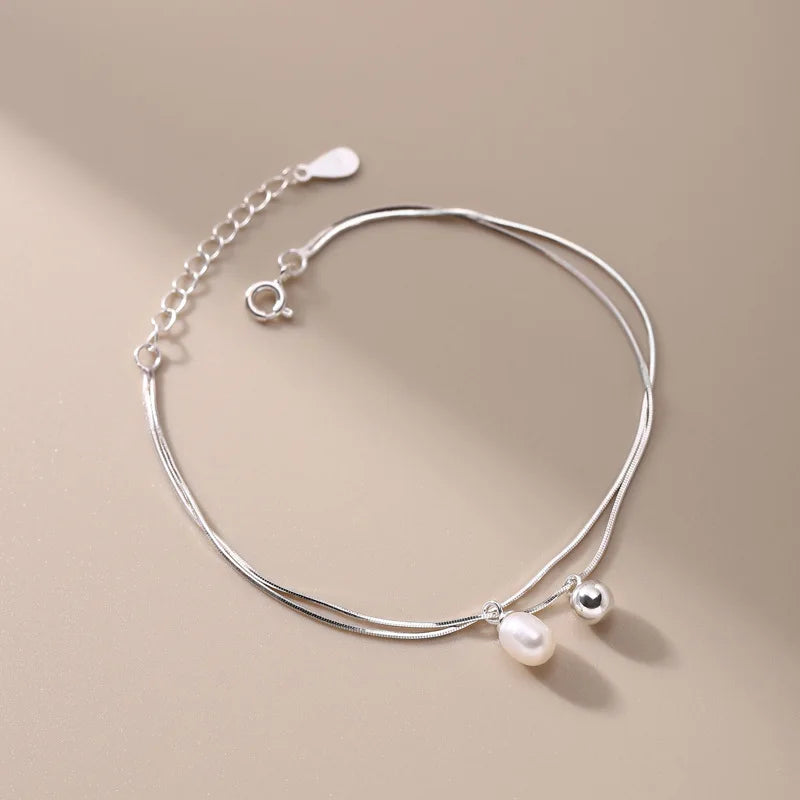 Statement Double Layer Snake Chain Bracelet Natural Freshwater Pearl Charm 925 Sterling Silver Bracelets Women Fashion Jewelr