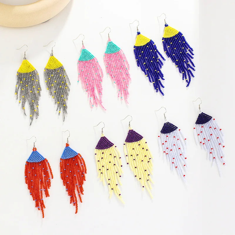 New Colorful Pink Diamond Tassel Earrings Retro Bohemian Handwoven Seed Beaded Earrings for Women Girls Women Jewelry Gifts