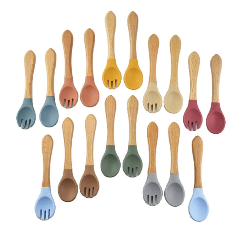2Pcs BPA-Free 100% Food Grade Baby Dining Cutlery Silicone Spoon Fork Set with Wooden Handle for Toddlers