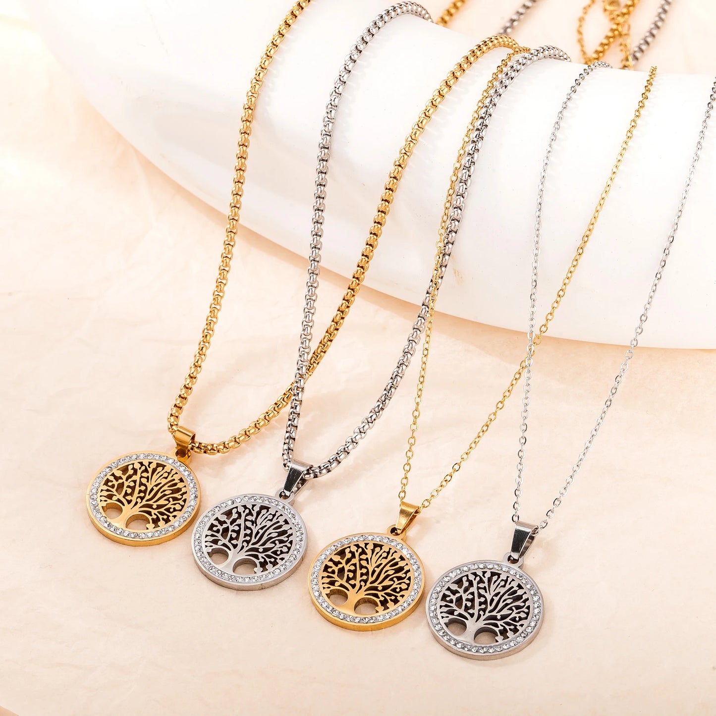 Wholesale Stainless  Steel Peace Tree Pendants Fashion Personalized Hollowed Out Zircon Life Tree Necklaces