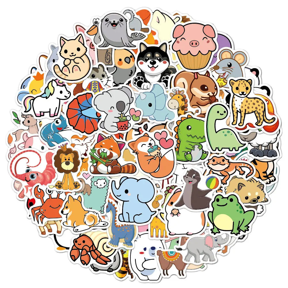 100pcs Cute Cartoon Animal Stickers for Laptop Skateboard PVC Vinyl Waterproof Die Cut Sticker Custom Printing for Kids