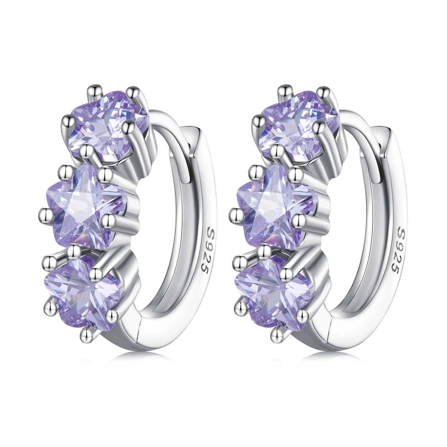 925 Sterling Silver Purple Zircon Stacked Star Ear Buckles Lavender Flower Hoop Earrings for Women Elegant Jewelry Gift SCE15
