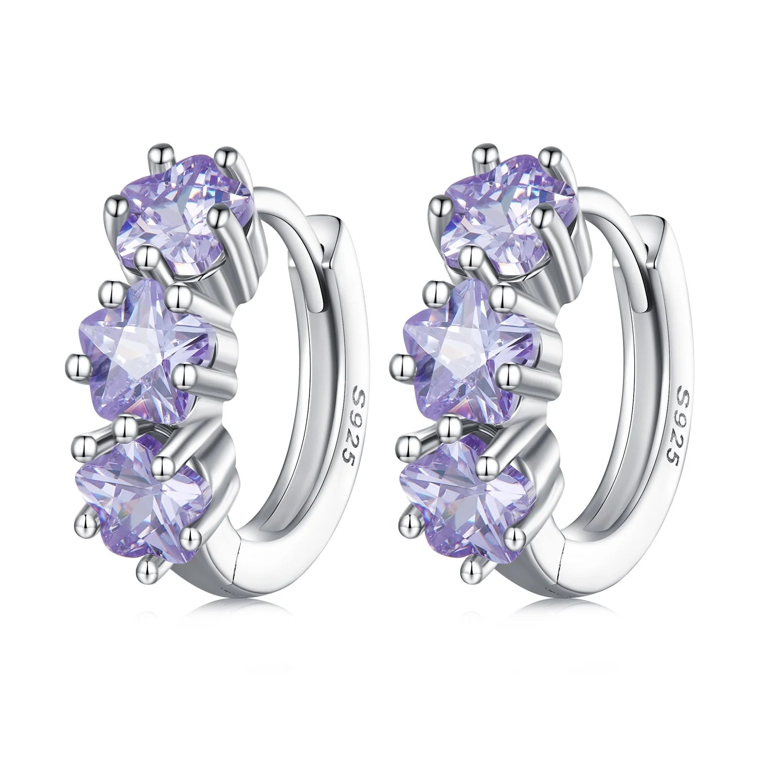 925 Sterling Silver Purple Zircon Stacked Star Ear Buckles Lavender Flower Hoop Earrings for Women Elegant Jewelry Gift SCE15