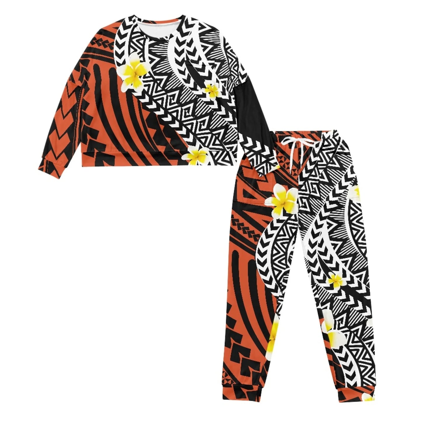 Custom Polynesian Tribal Pajamas for Women Long Sleeve Pajama Sets Breathable Soft Sleepwear Top Causal Long Pant with Pocket
