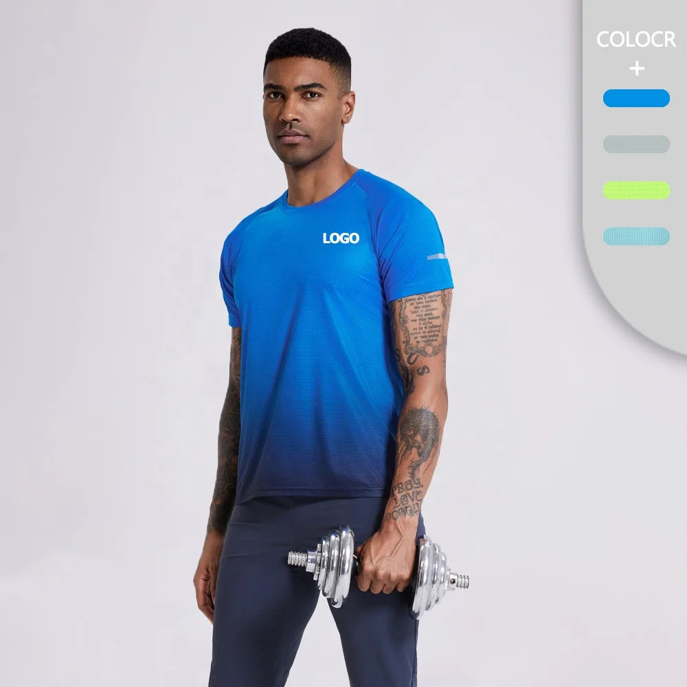 Private Label Mens Short Sleeve Dry Fit Gym Shirts Lightweight Gradient Running T Shirts Breathable Quick Dry Active Workout 