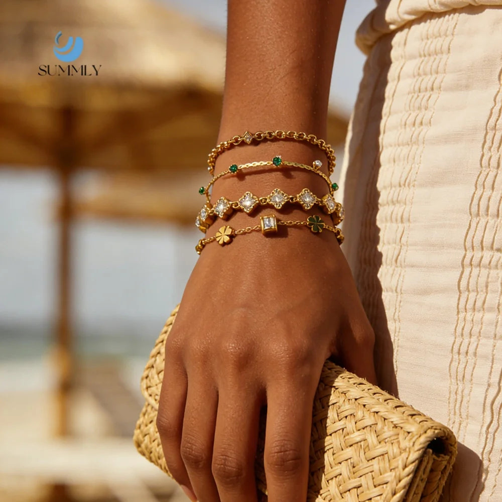 SUMMLY Wholesale 18K Gold Plated Clover Green Zircon Stackable Bracelet Stainless Steel Waterproof Women Beach Fashion Jewelr