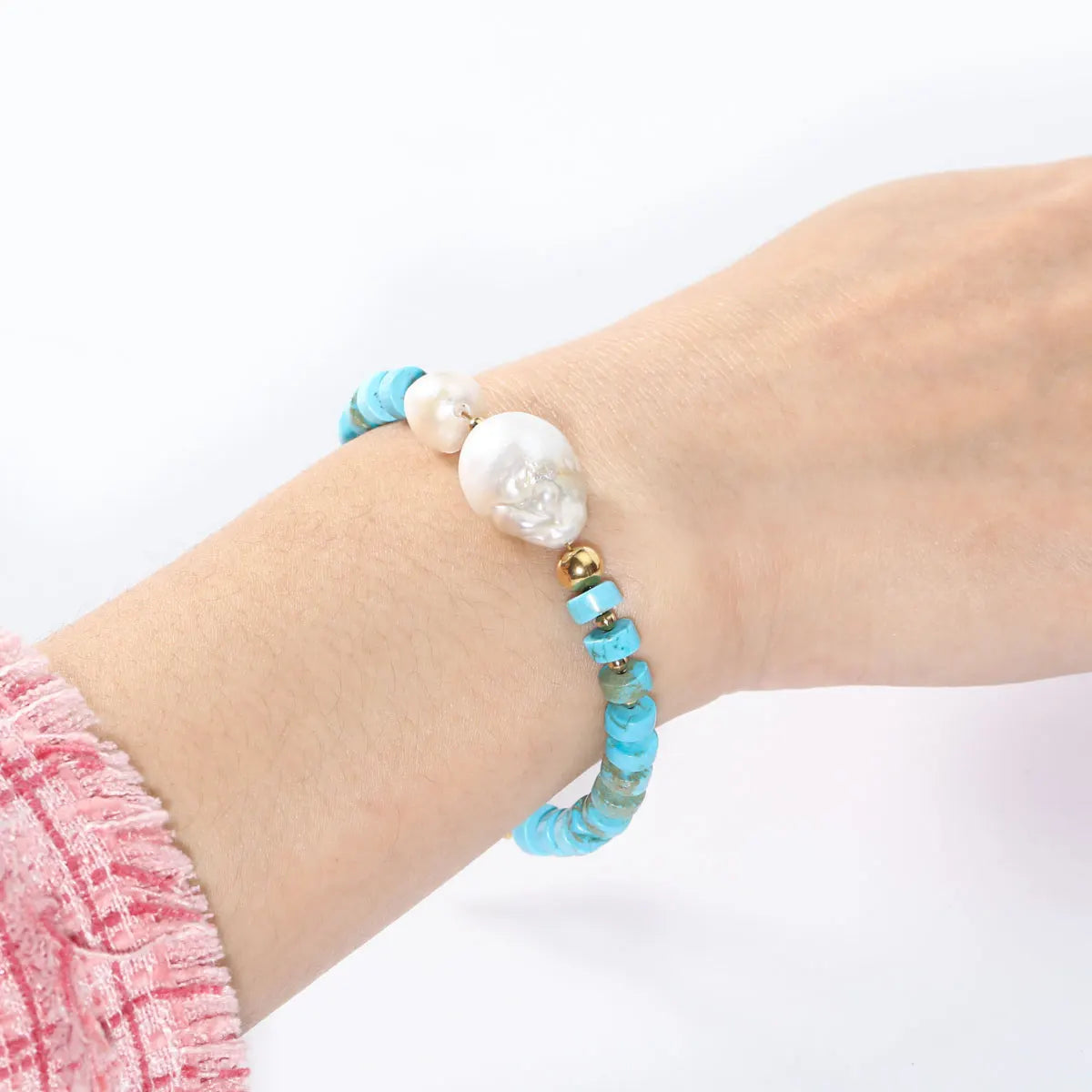 High Quality Luxury Vintage Stainless Bead Natural Stone Blue Turquoise Bead Natural Pearls Bracelet for Women and Girls