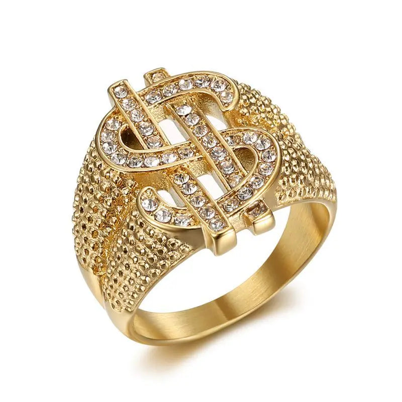 YK New Hip Hop Personalized Ring Stainless Steel Vacuum Electroplated Diamond Set with USD Symbol Men's Ring Wholesale