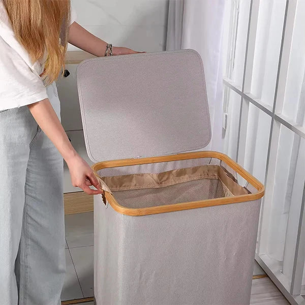 Hot Sale 100L Collapsible Bamboo Laundry Basket with Handle Removable Inner Bag for Home Storage
