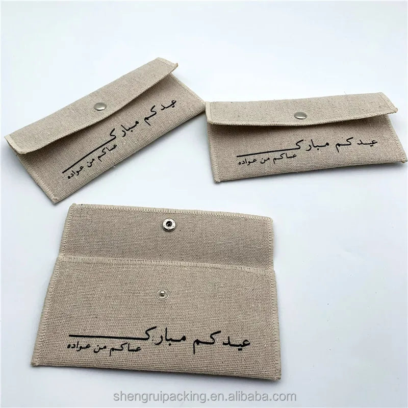 Custom Silver Button Closure Linen Jute Packaging Pouch for Hair Clip Linen Jewelry Pouch With Flap
