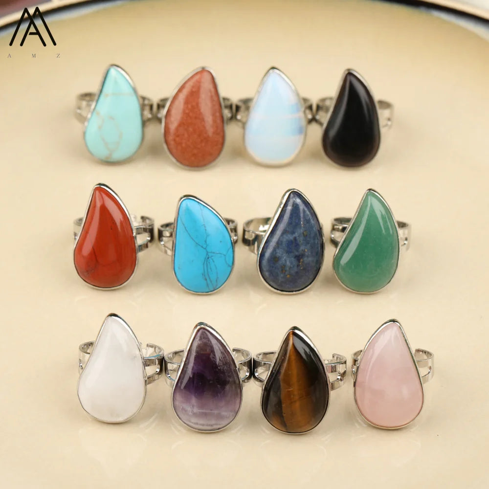 Freeform Gemstone Beads Silver Rings  Open Adjustable  Fashion Jewelry Girl Gift