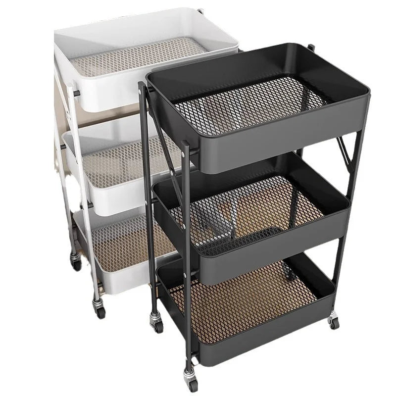 Household Kitchen Multi-Layer Floor Shelf Movable Rotating Foldable Storage Rack With Trolley for Vegetable Book Snacks