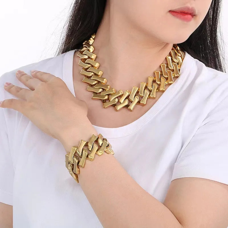 Women's Stainless Steel Heavy Metal Gold Plated Bone Chain Necklace Fashion Jewelry Link Chain Zircon for Anniversary Occasio