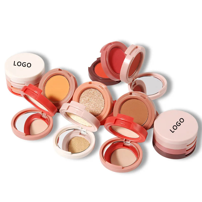 3 in 1 DIY High Quality Pigmented Round Compact Powder Blush Highlighter Contour Vegan Private Label Blush Palette Custom Log