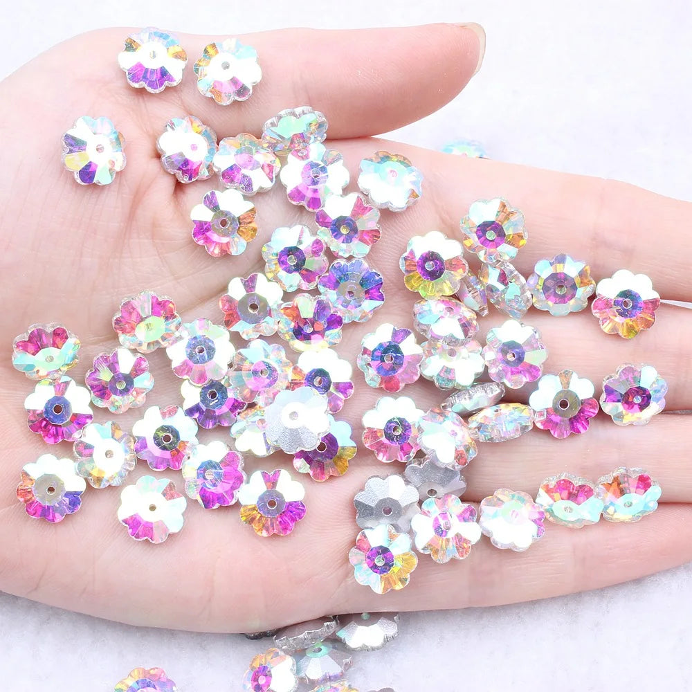 JC Crystal 6-14 mm Sew on Flower Shape Glass Rhinestones for Clothes Ab Colors Crystal Fabric Rhinestone