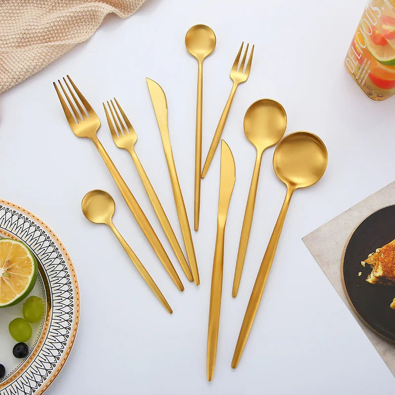Hot Selling Stainless Steel Cutlery Matte Knife Fork Spoon Silverware Gold Flatware Set For Hotel
