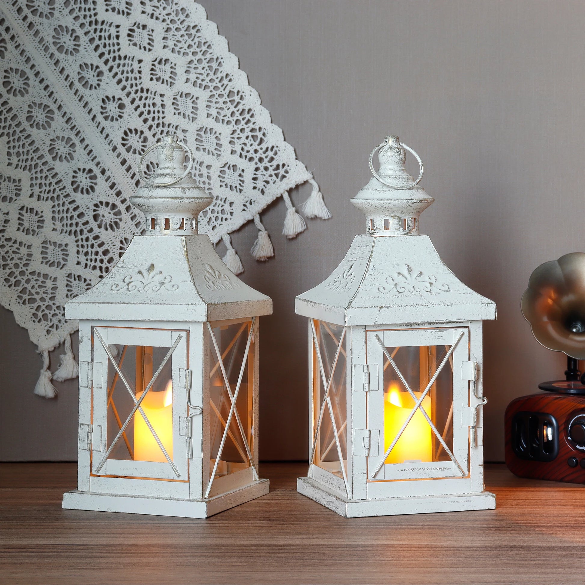 Set of 2 White Iron Candle Lantern Wedding Decorative Vintage Lantern Set Outdoor Hanging Glass Lantern