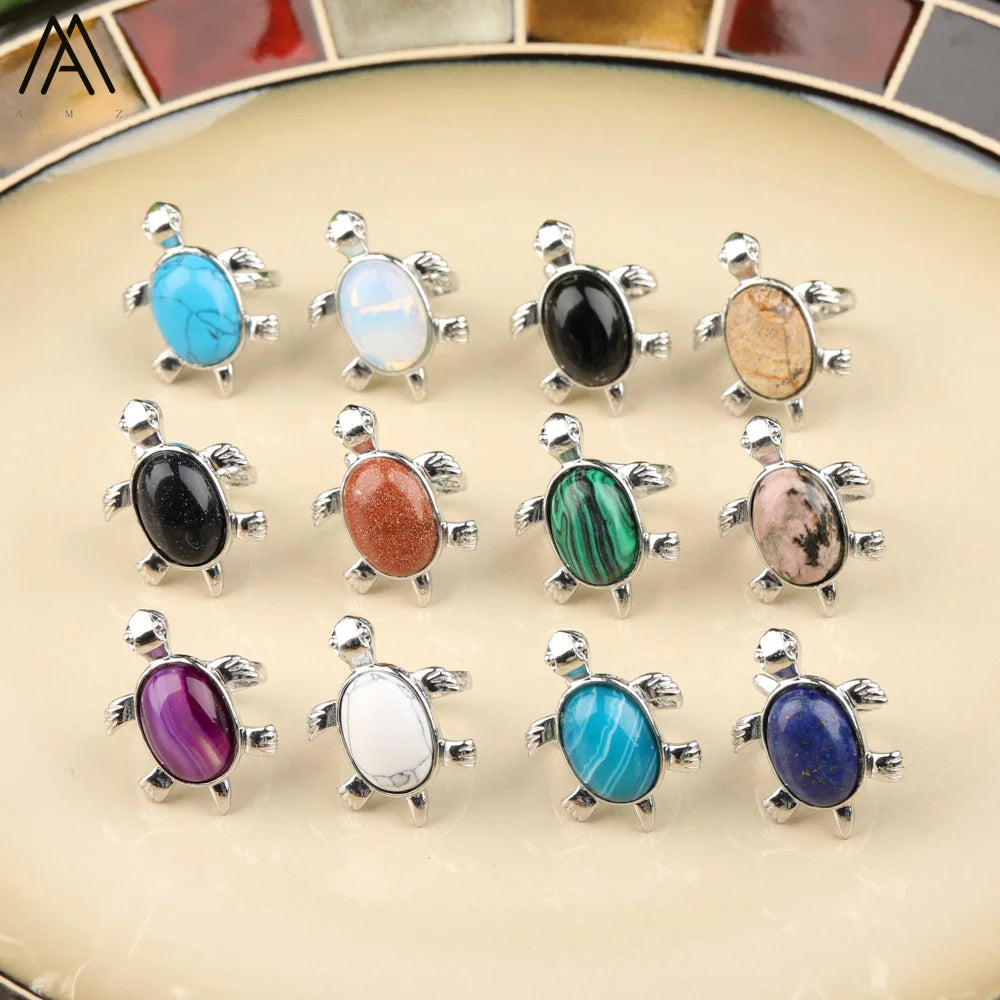 Gemstone Turtle Rings Silver Jewelry  Amethyst Lapis Tiger Eye Black Obsidian Agate Crystal Quartz
