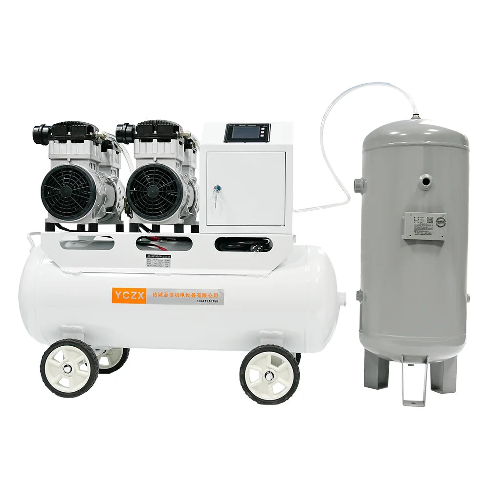High Pressure 400L/min -91KPa 220V 2000W Twin-Stage Piston Vacuum Pump Set Oil-Free With 50L 65L Pressurized Booster Air Tank