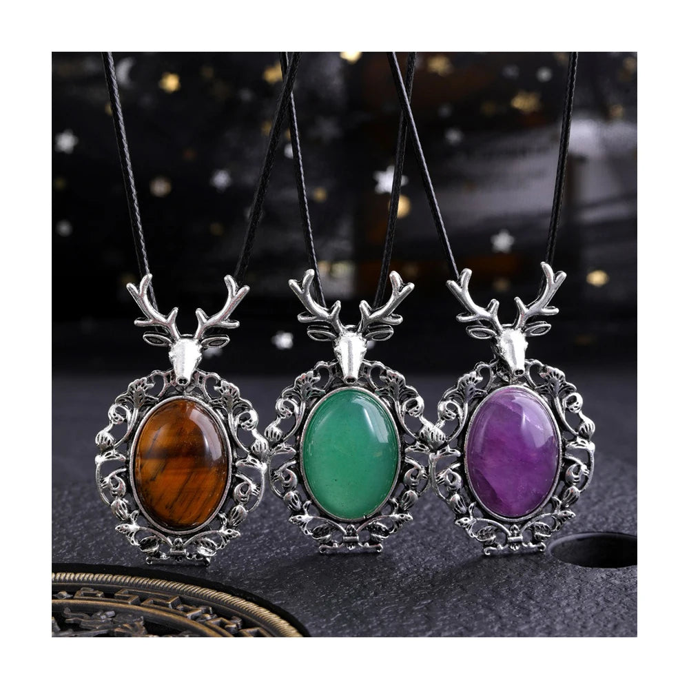 Natural Aventurine Stone Elk Pendant Healing Crystal Amethyst Oval Cabochon Bead Vintage Sika Deer Black Rope Pendant Necklac