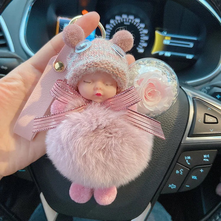 Cute Rose Flower Keychain Plush Doll Bag Charm Pendant Gifts Sleeping Baby Doll Keychain Pom Pom Key Chains Pompom Baby Keych