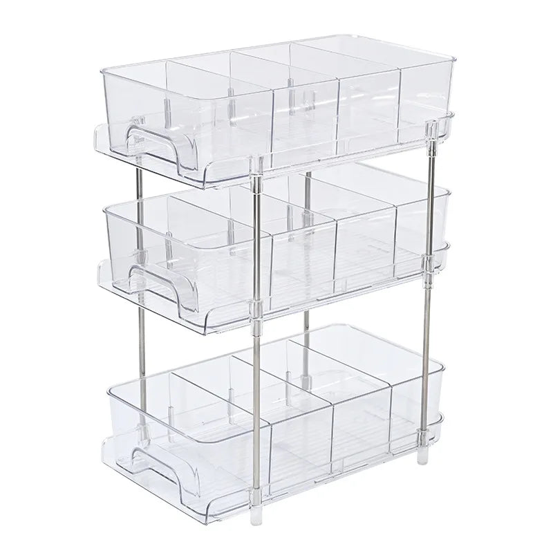 Newest Design Pull Out Clear Under Sink Organizers 3 Tier Clear Bathroom Organizers with Dividers