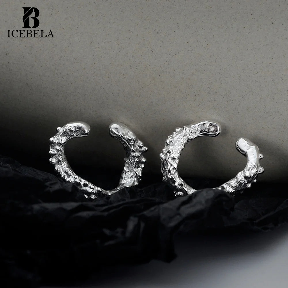 ICEBELA 925 Sterling Silver Raindrop Shaped Earrings Without Ear Hole Female Irregular Ear Clip Roughened Surface Ear Cuff